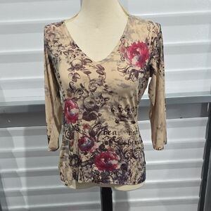 Tryst Tan and Pink 3/4 Sleeve Fitted Blouse‎ Size LA